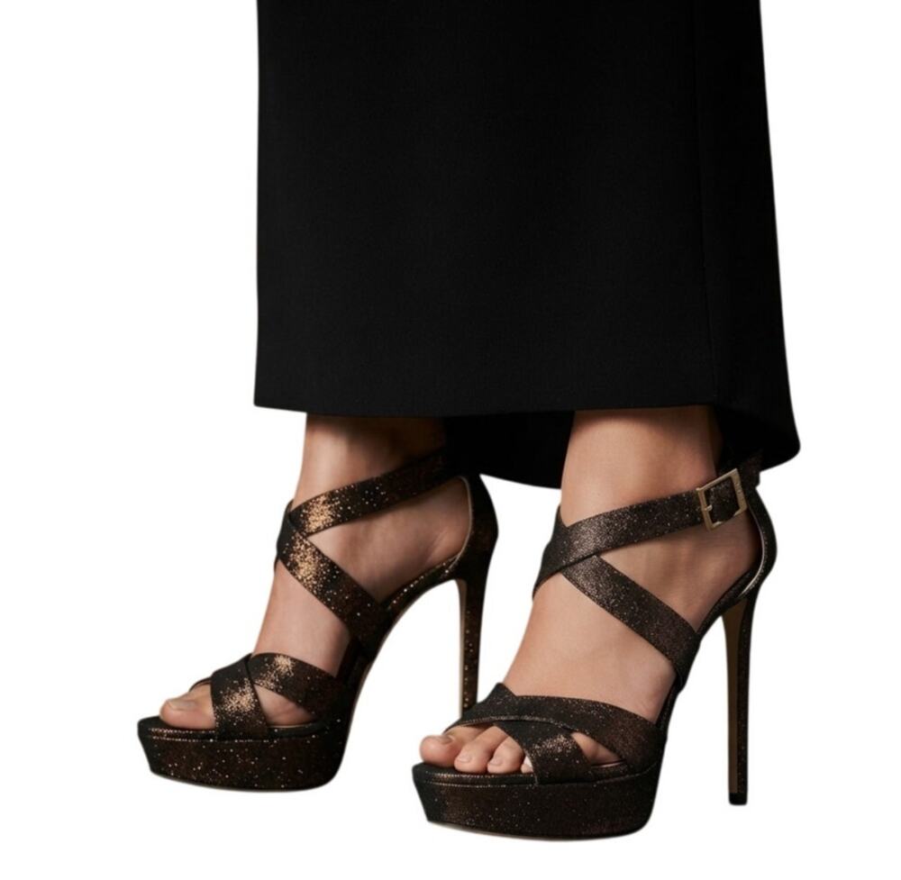 Jimmy Choo Louisa Metallic Gold Peep Toe Strappy Platform Heel Sandals Size 36.5